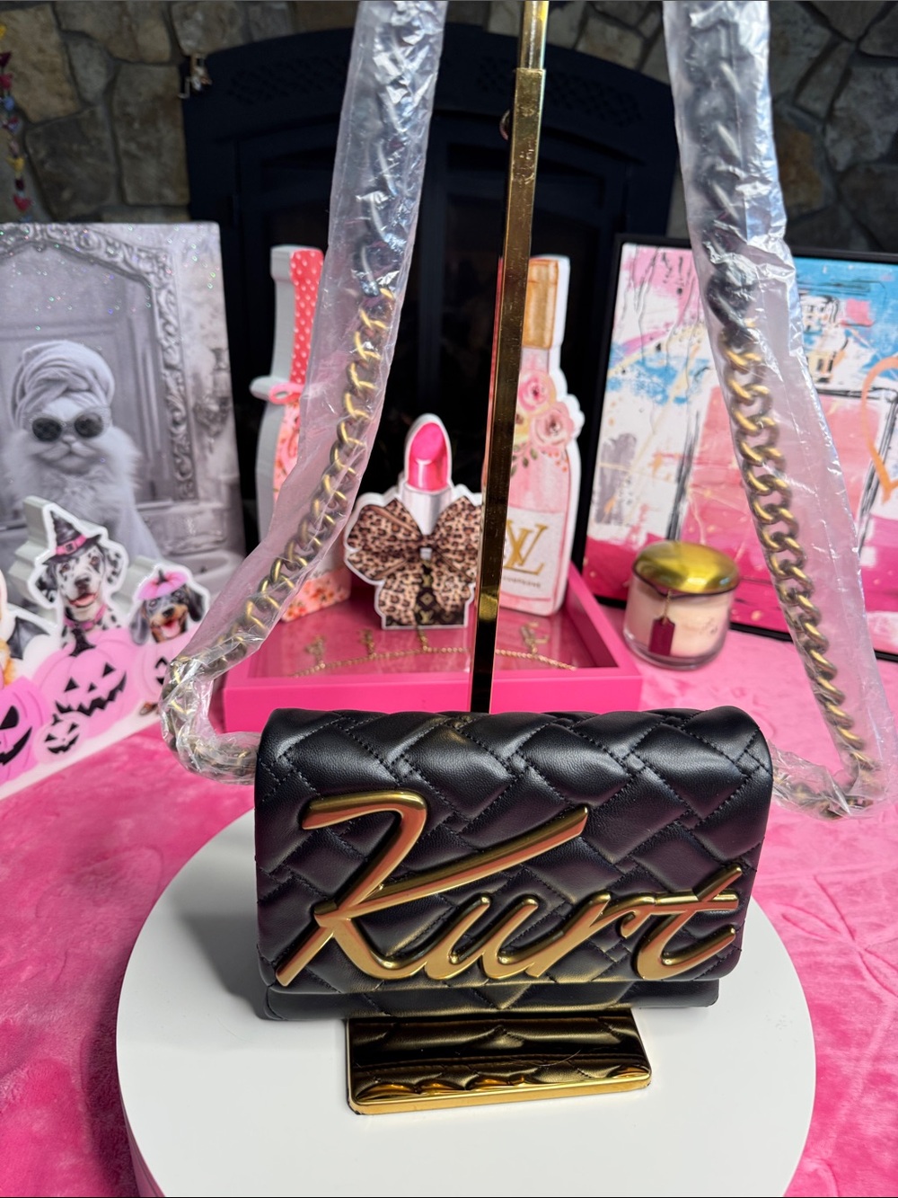 Kurt Geiger Kensington Black Leather Crossbody — Raised Gold “Kurt” Letters NWT